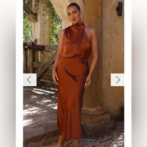 Elegant Satin Halter Dress in Rust